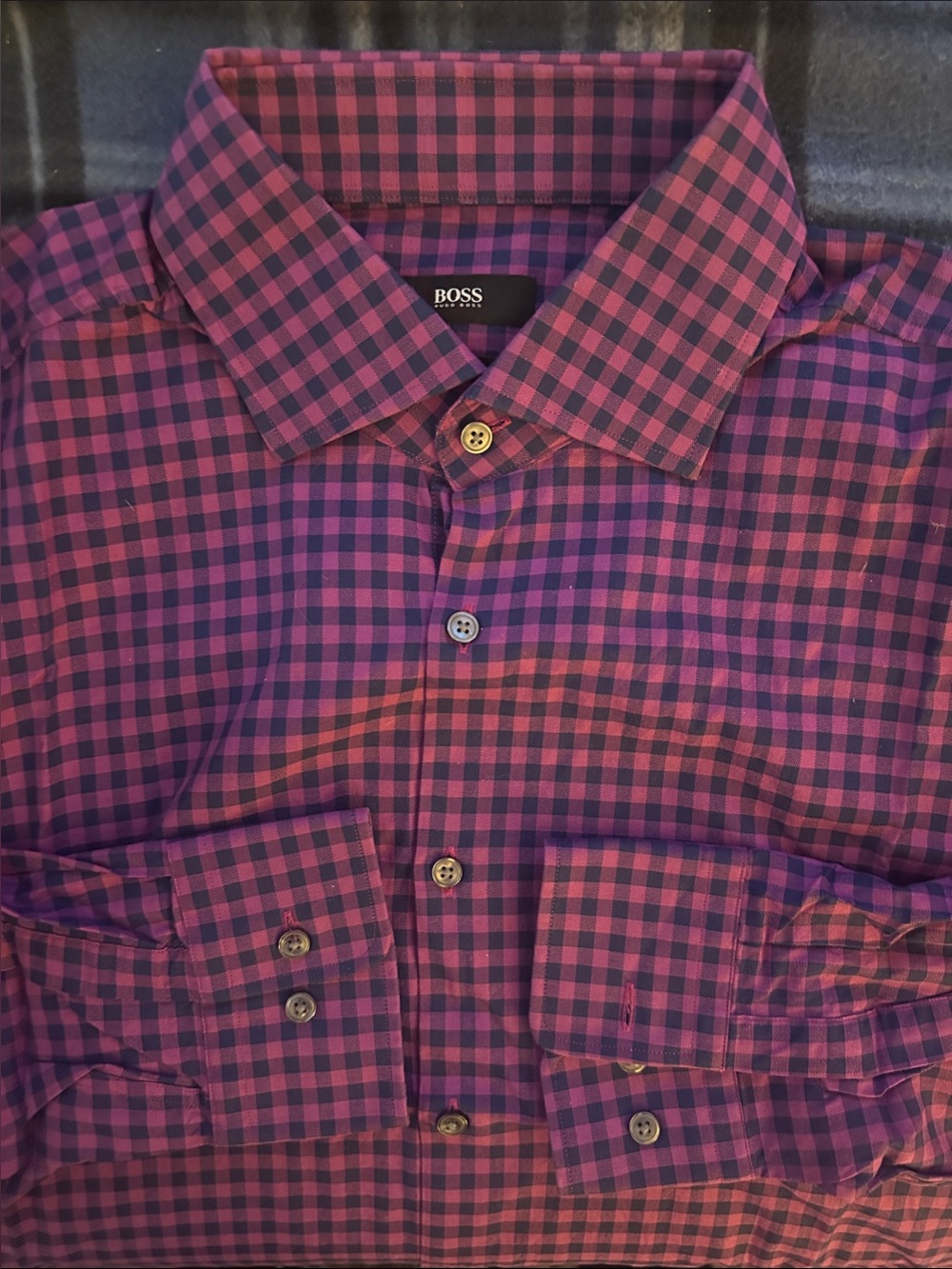 Hugo Boss Sharp Fit Multicolor Check Purple Black Men’s Dress Shirt Size 17.5-34